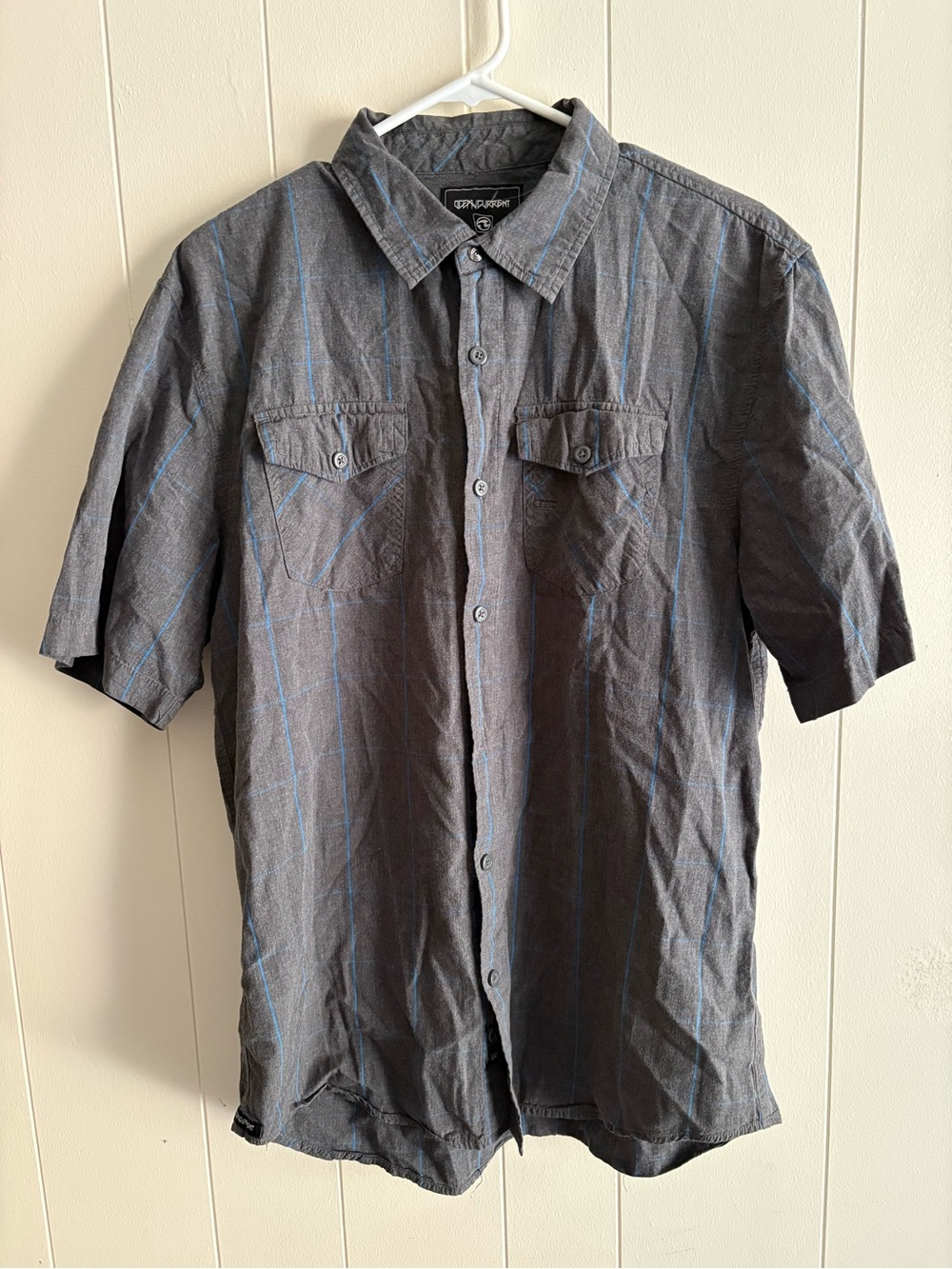 Ocean Current Short Sleeve Charcoal Button-Up Shirt With Blue Pinstripes